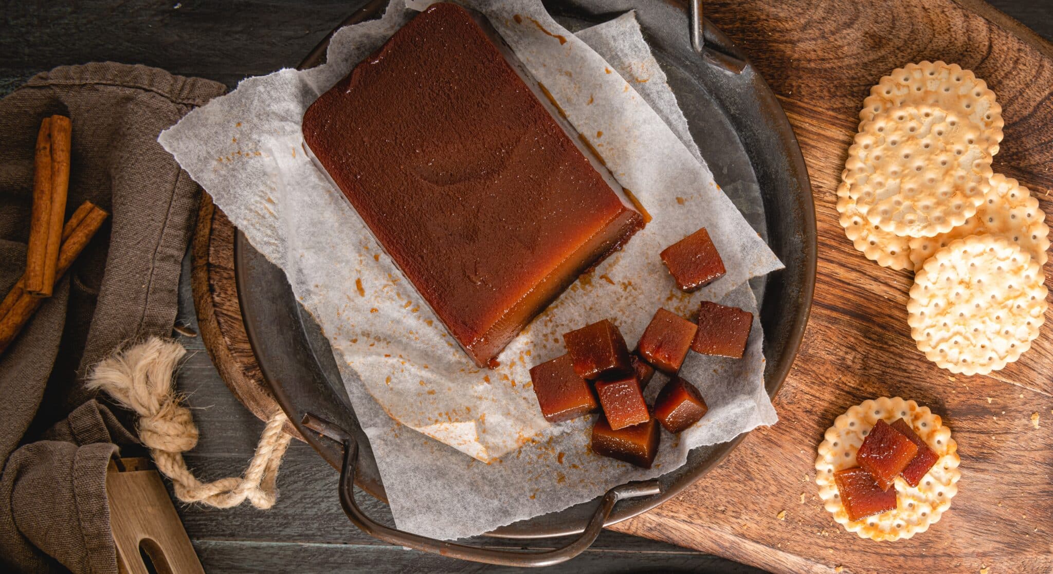 Sötétpiros birsalmasajt felülnézetből, kevés kis darab levágva belőle, mellette kekszek és egy nyers birsalma