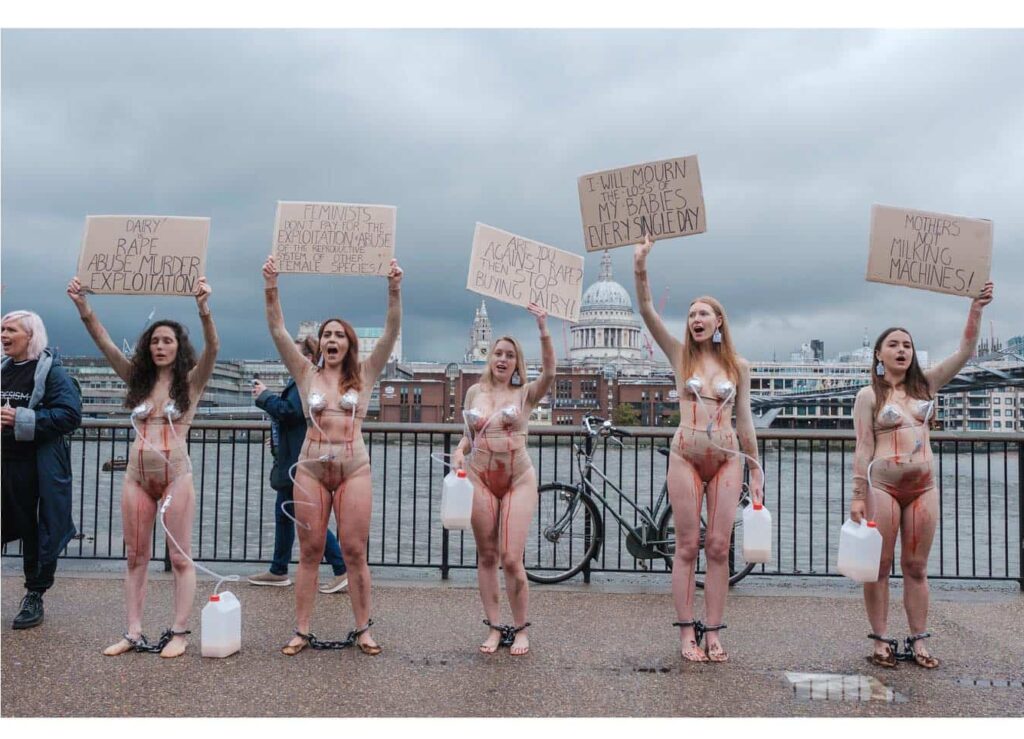 A tejipar ellen tiltakoztak a londoni Tate Modern galéria előtt