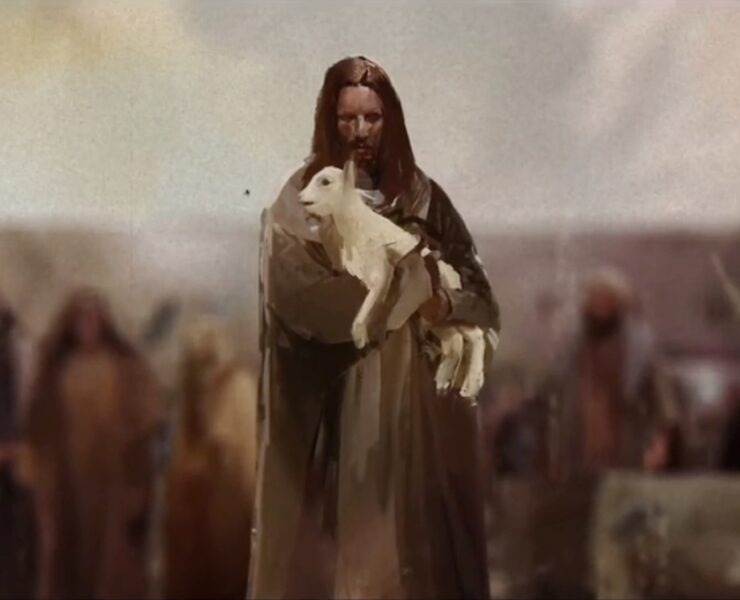 Képkocka a Christspiracy című dokumentumfilm előzeteséből, melyen Jézus látható egy báránnyal.