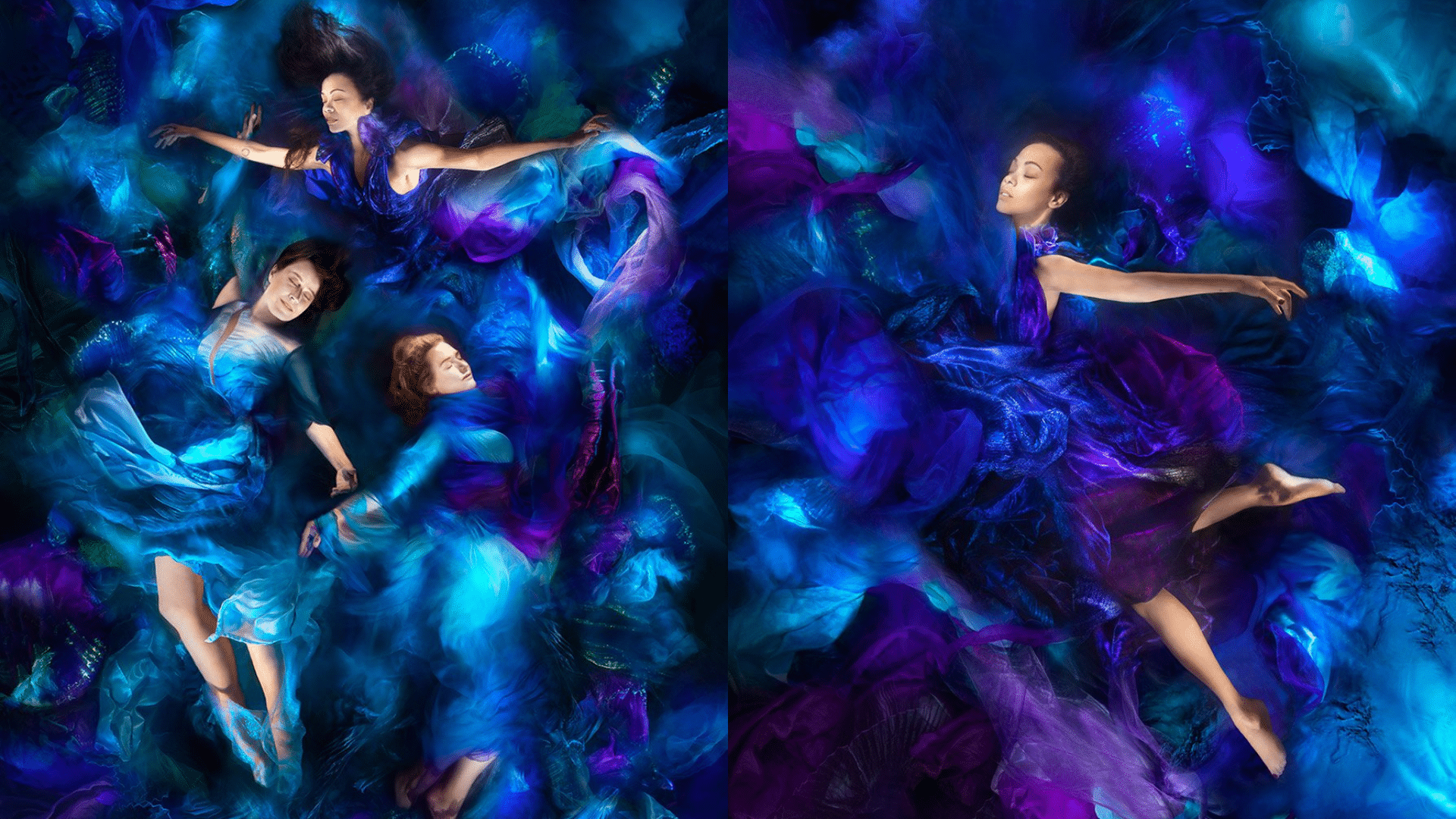 Víz alatti, lila-kék színvilágú fotók az Avatar 2 sztárjaival