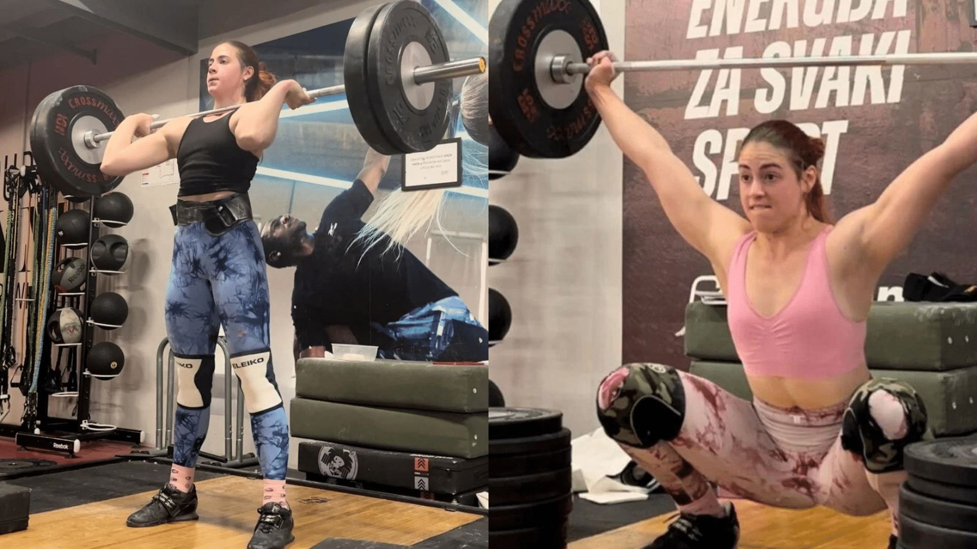 Két fotó Ana Špac vegán sportolóról, amin súlyoakt emel