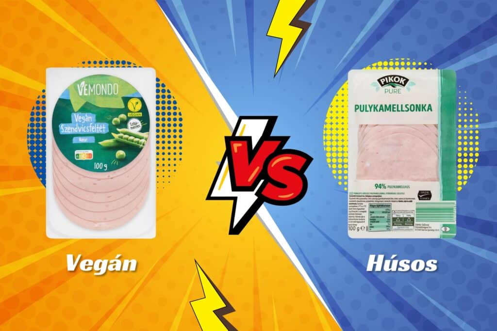 Vegán kontra húsos akció a Lidl-ben, Prove.hu által készített "kontra" nyitóképpel, melyben szemben áll egymással a vegán szendvicsfeltét és a pulykamellsonka