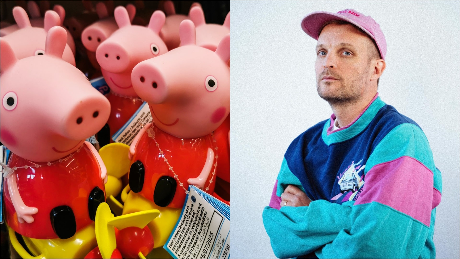 Kollázs: Peppa malac figurák bal oldalt, jobb oldalt pedig Puskás-Dallos Peti zenész, vegán aktivista.