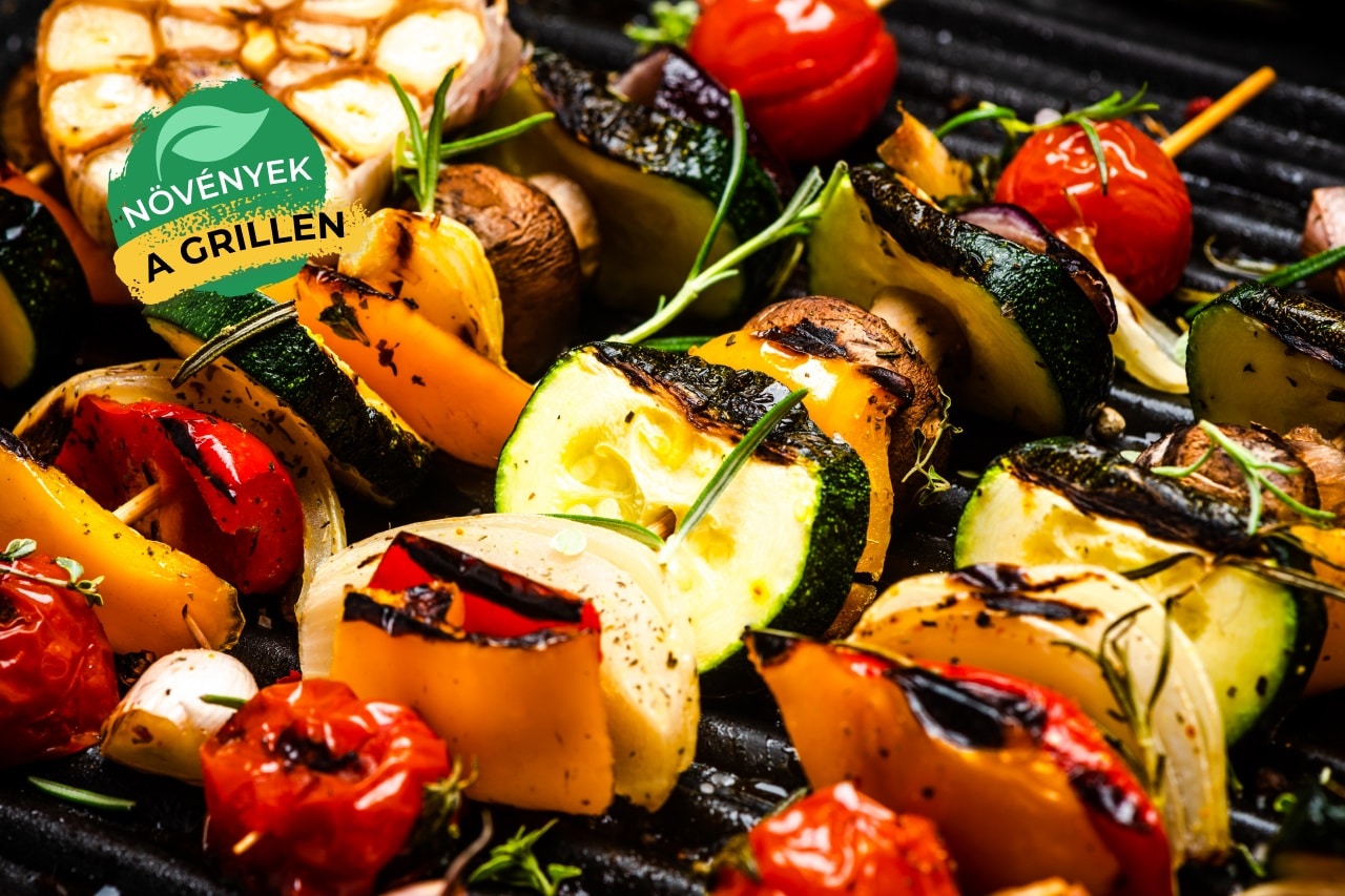 Zöldségek a grillen, a kép bal felső sarkában pedig Növények a grillen szöveggel Prove-kampánylogó