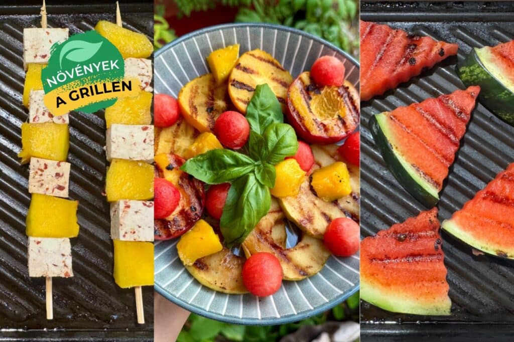 Grillezett gyümölcsök nyárson és tányéron