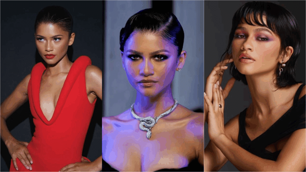 Kollázs: három fotó egymás mellett, mindegyiken Zendaya szerepel