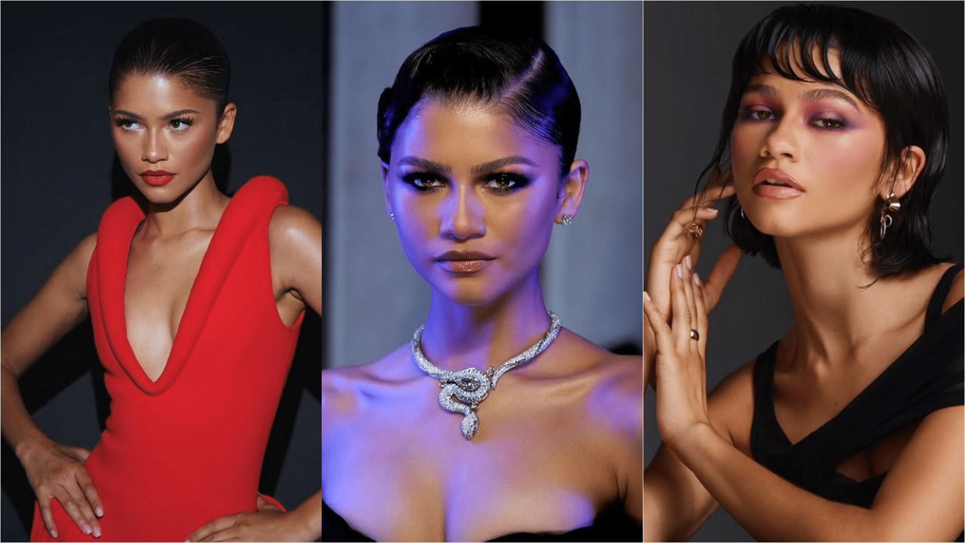 Kollázs: három fotó egymás mellett, mindegyiken Zendaya szerepel