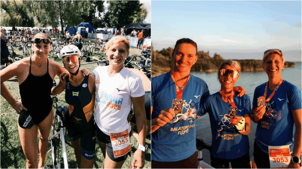 A The Green Amazons női csapat három tagja versenyfelszerelésben és verseny után