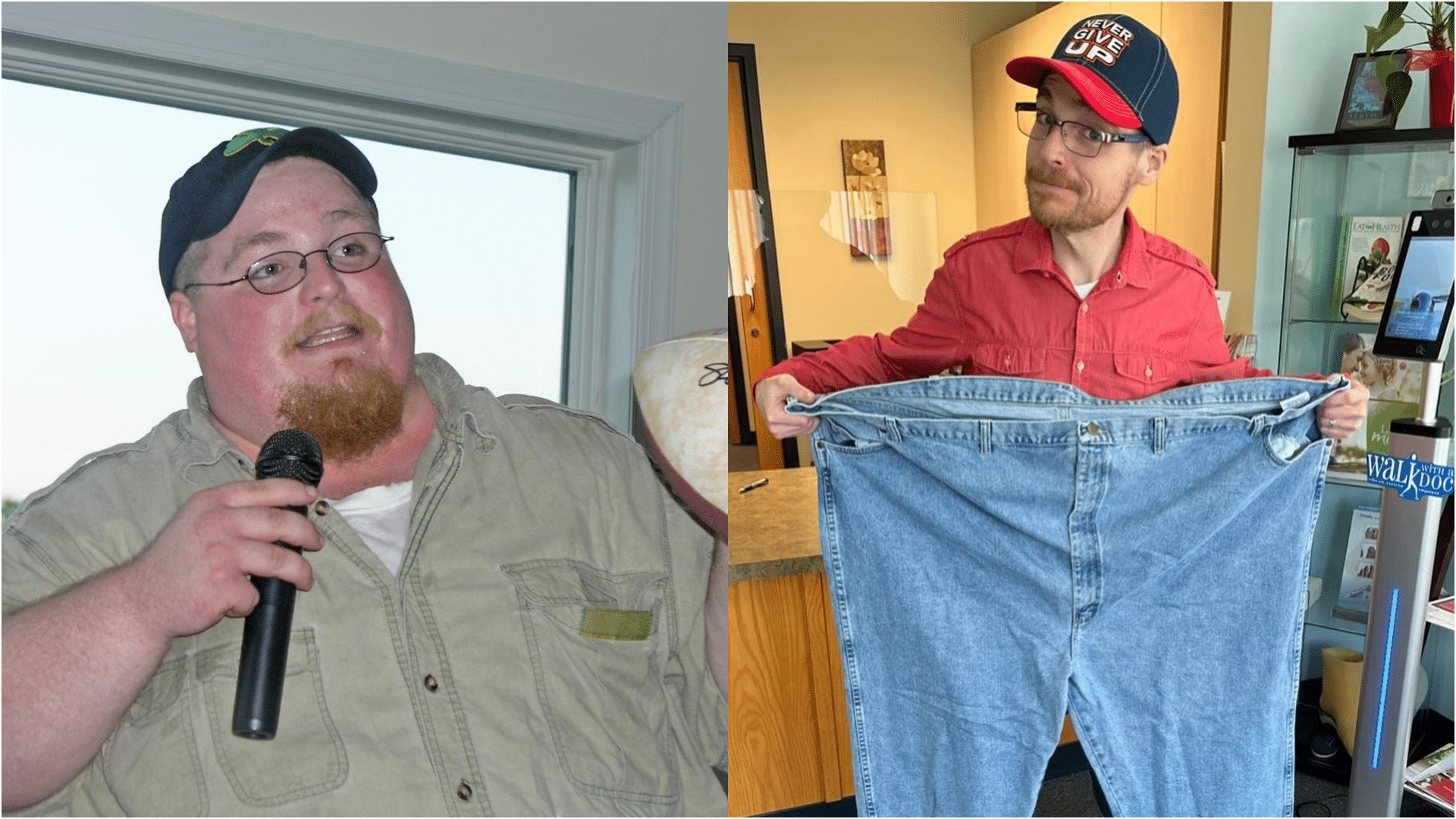 Chuck Carroll két képen, a bal oldalin túlsúlyosan, a jobb oldalin fogyása után, egy hatalmas nadrágot maga elé tartva